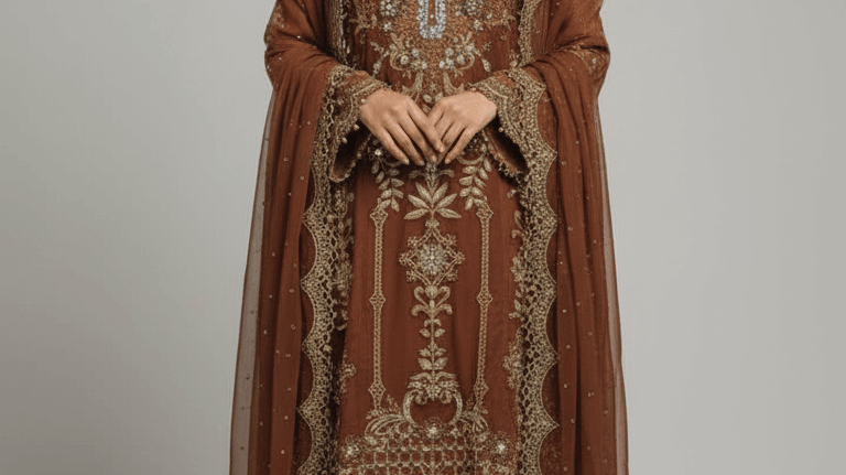 luxury Asian fashion worldwide shipping - model in elegant brown traditional outfit with intricate embroidery.