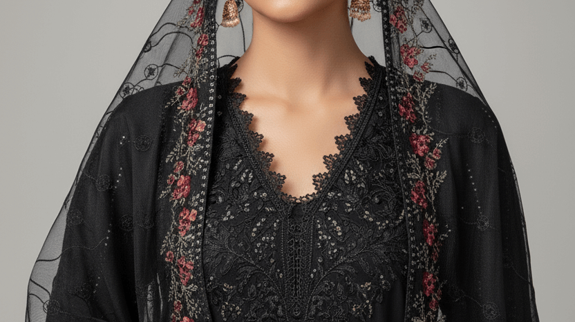 Elegant woman wearing a black ready to wear outfits with intricate embroidery and a stylish shawl.