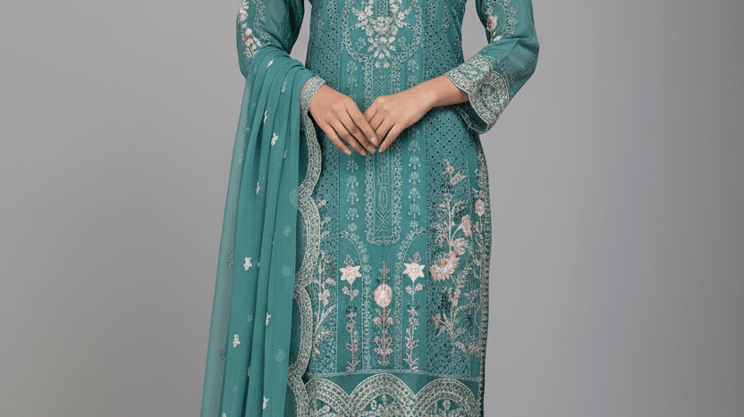 Model showcasing elegant attire from the Maria B replica collection in teal with intricate designs.