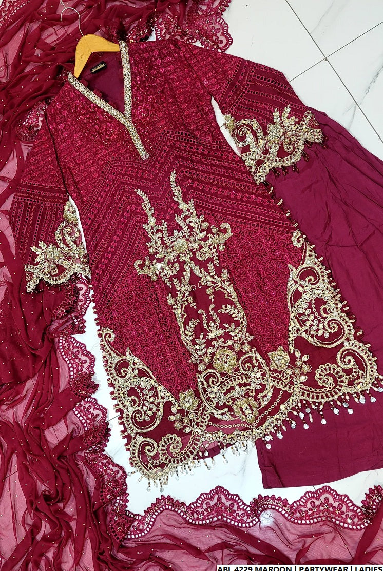 Pakistani women's maroon organza A-Line shirt back view