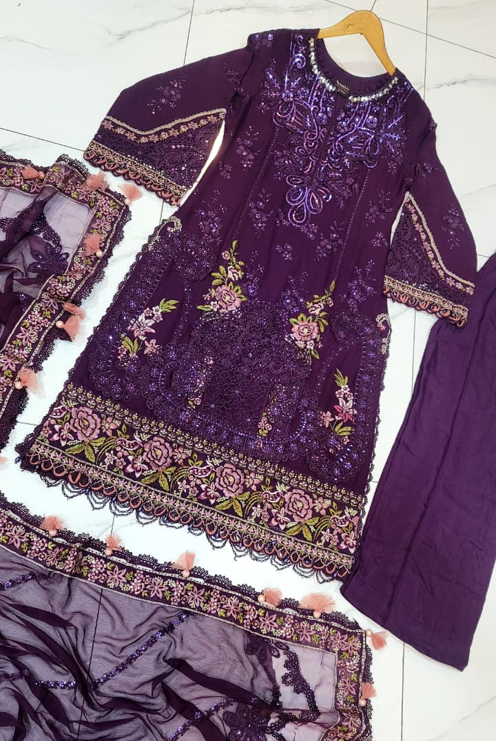 Pakistani women's dark purple organza A-Line shirt back view
