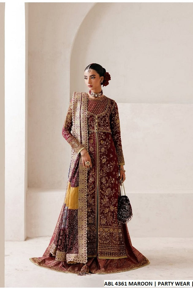 Chiffon straight shirt maroon - Pakistani women's party wear with viscose trouser and chiffon dupatta front view