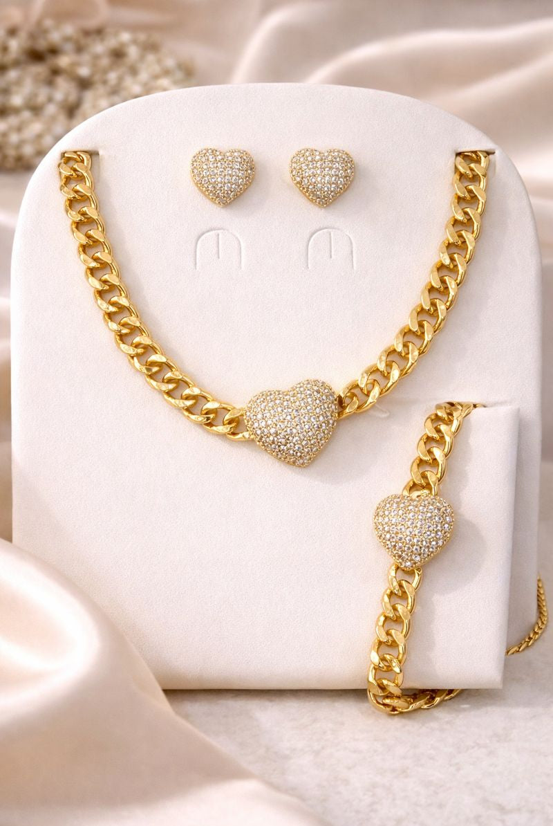Golden heart luxe jewelry set - Pakistani women's elegant necklace bracelet and earring set with heart motifs front view