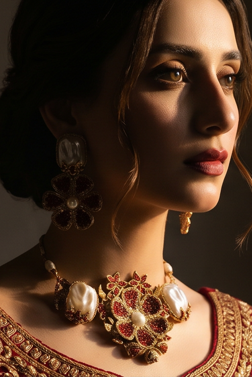 JW295 baroque ruby pearl Pakistani women's luxury bridal necklace set side view