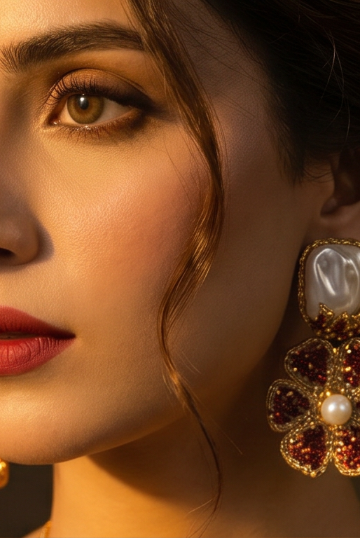 JW295 baroque ruby pearl statement set detail view showing floral clusters