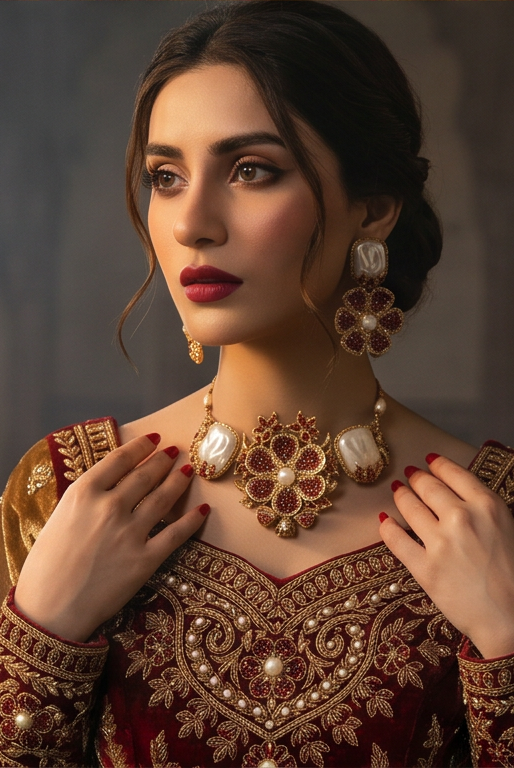 JW295 Pakistani women's ruby pearl heritage necklace full view