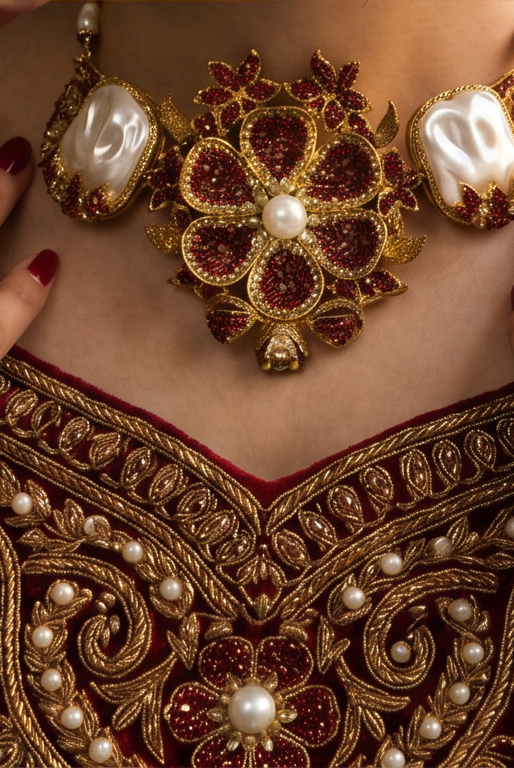 JW295 baroque ruby pearl Pakistani bridal jewelry set back view