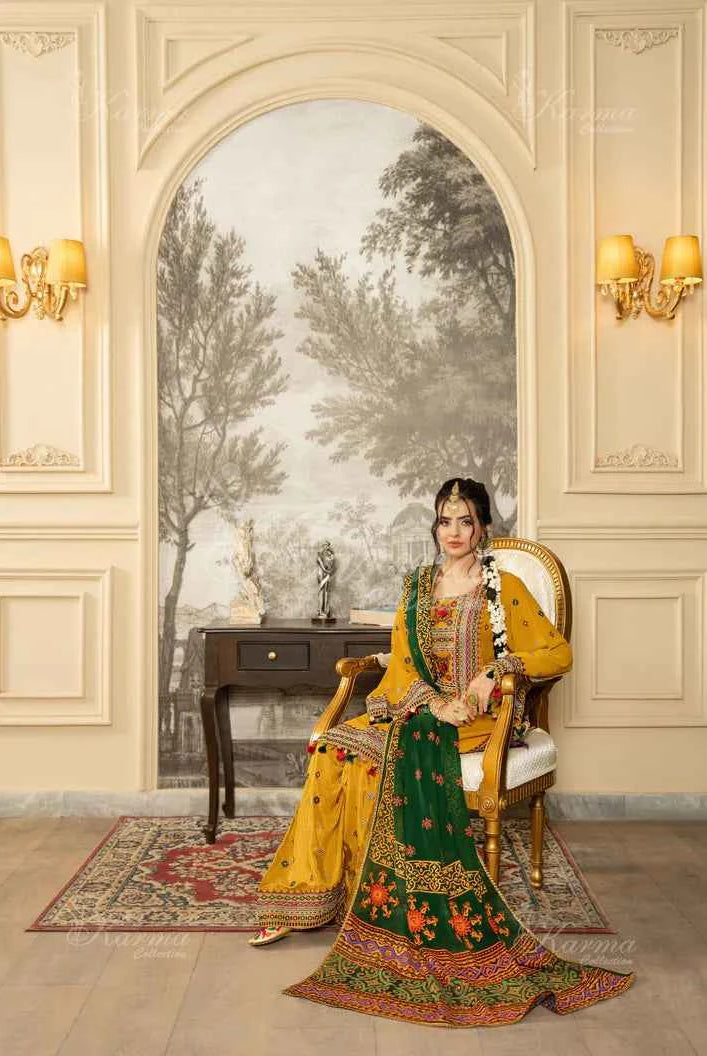 Pakistani women's mustard yellow silk short shirt farshi shalwar full view