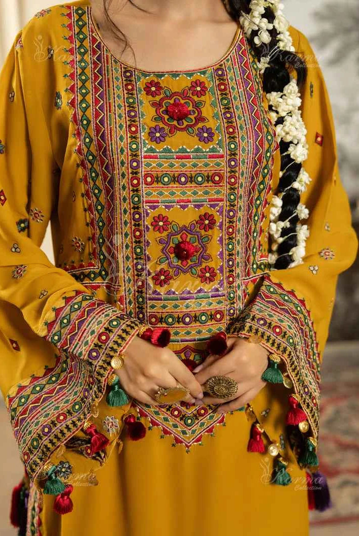 Pakistani women's mustard yellow silk short shirt farshi shalwar back view