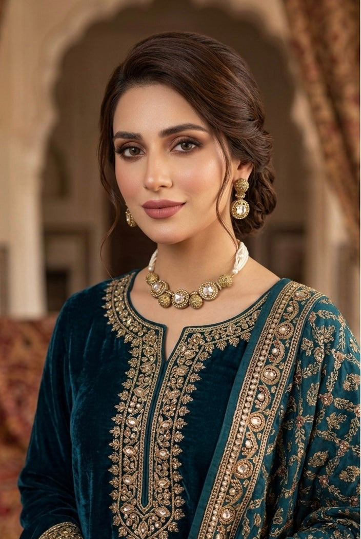 Champagne gold pearl statement necklace set JW345 - Pakistani women's luxury bridal jewelry with ivory pearl accents front view