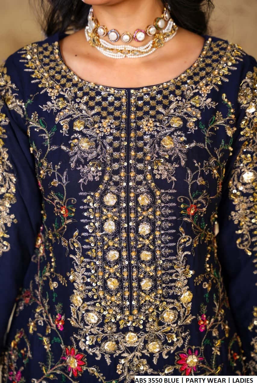 Blue chiffon Pakistani women's straight shirt side view