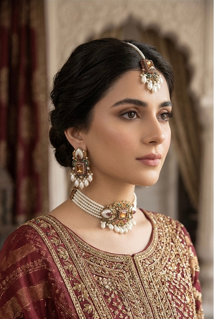 Amber citrine pearl heritage jewelry set JW390 - Pakistani women's wedding bridal necklace choker with gold filigree front view