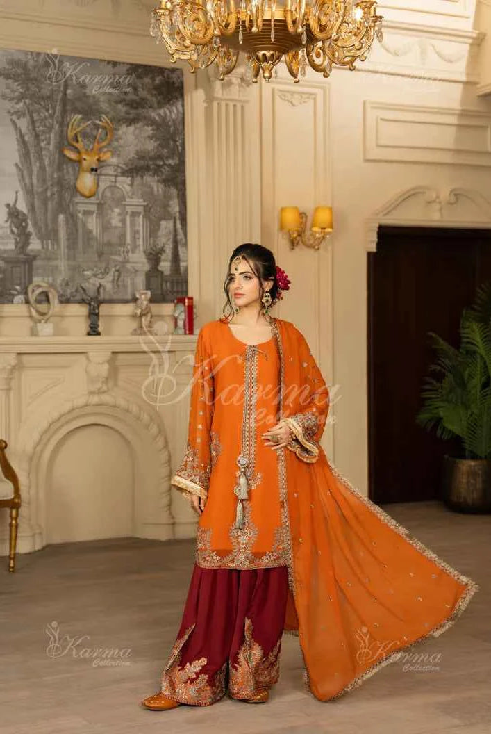 Silk short shirt farshi shalwar neon orange - Pakistani women's traditional festive outfit front view