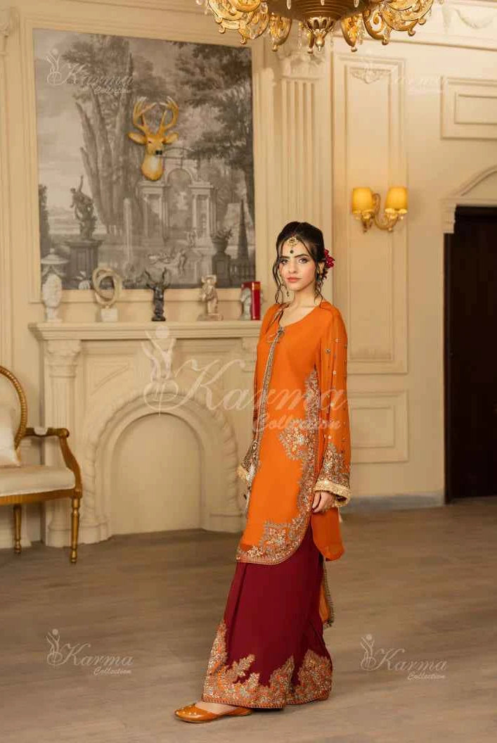 Pakistani women's neon orange silk short shirt farshi shalwar detail view