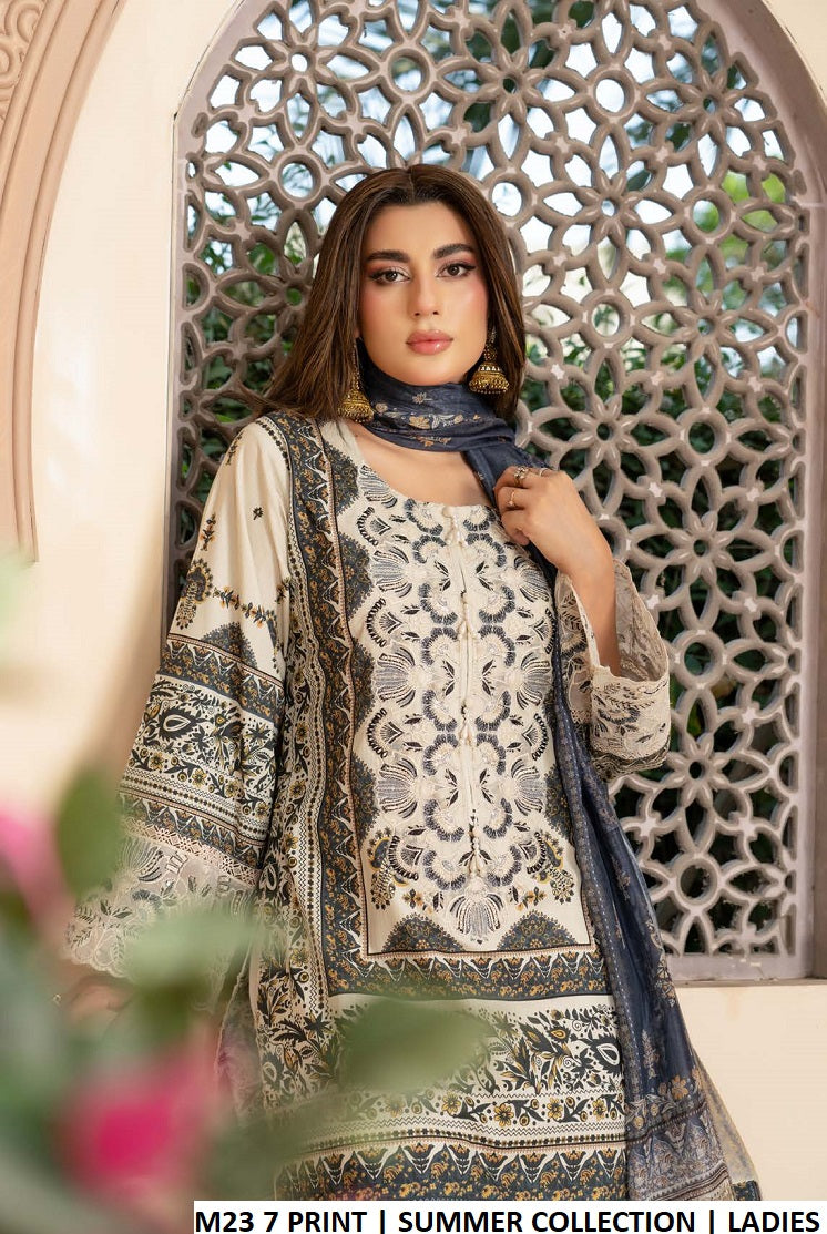 M23 7 PRINT Pakistani women's lawn summer outfit back view