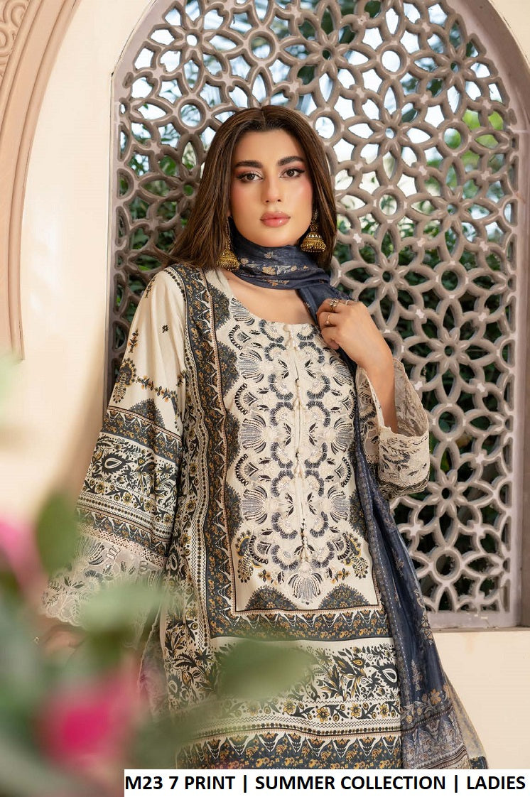 M23 7 PRINT Pakistani women's lawn summer outfit back view