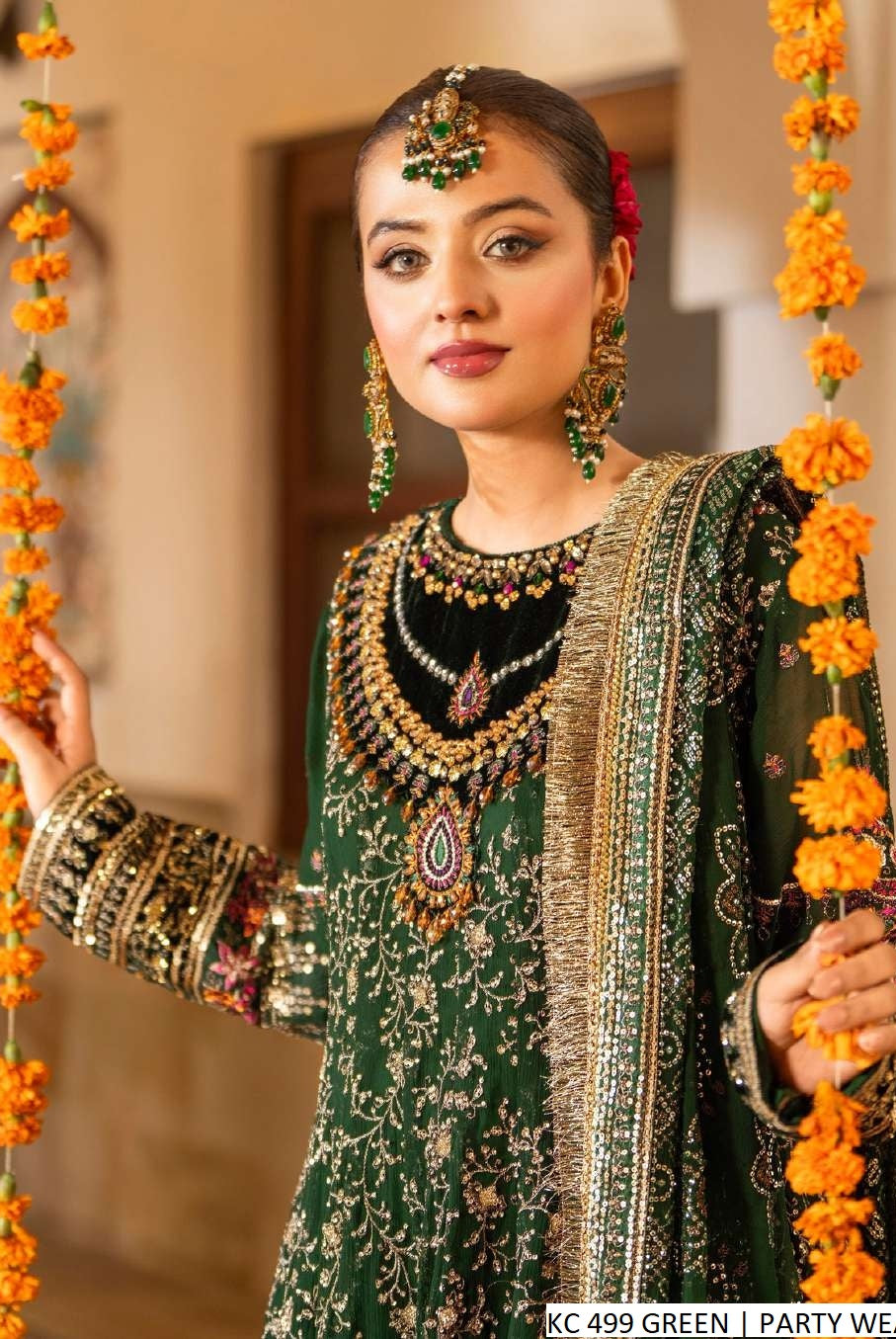 Pakistani women's green chiffon long frock plazo detail view