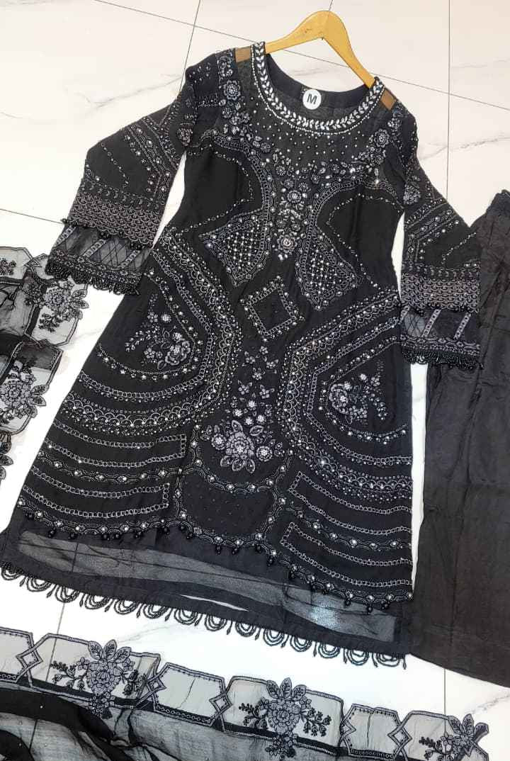 Pakistani women's black chiffon straight shirt full view