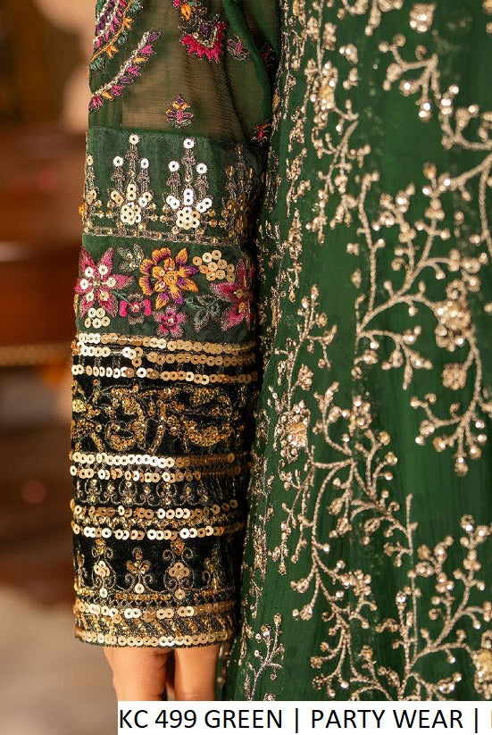 Pakistani women's green chiffon long frock plazo back view