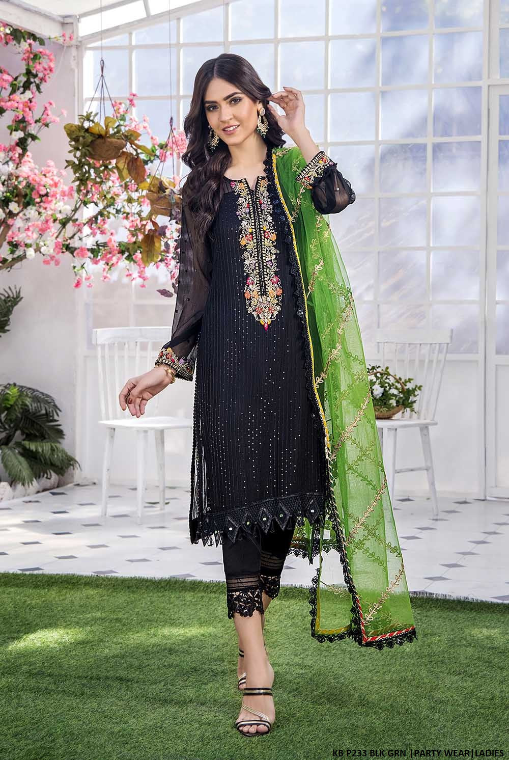 Crinkle chiffon hand embroidered shirt KB P233 - Pakistani women's luxury party wear with silk trouser front view