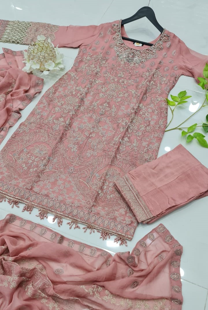 ABS 2854 Pakistani women's chiffon straight shirt with chiffon dupatta back view