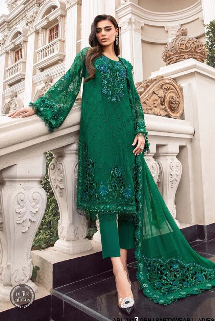 Chiffon straight shirt ABL 3818 - Pakistani women's elegant outfit with grip trouser front view