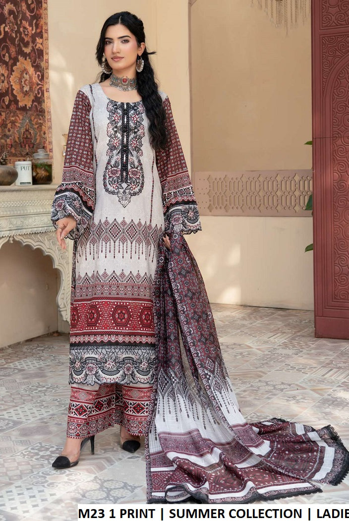 Lawn straight shirt plazo M23 1 PRINT - Pakistani women's summer casual outfit with digital printed dupatta front view