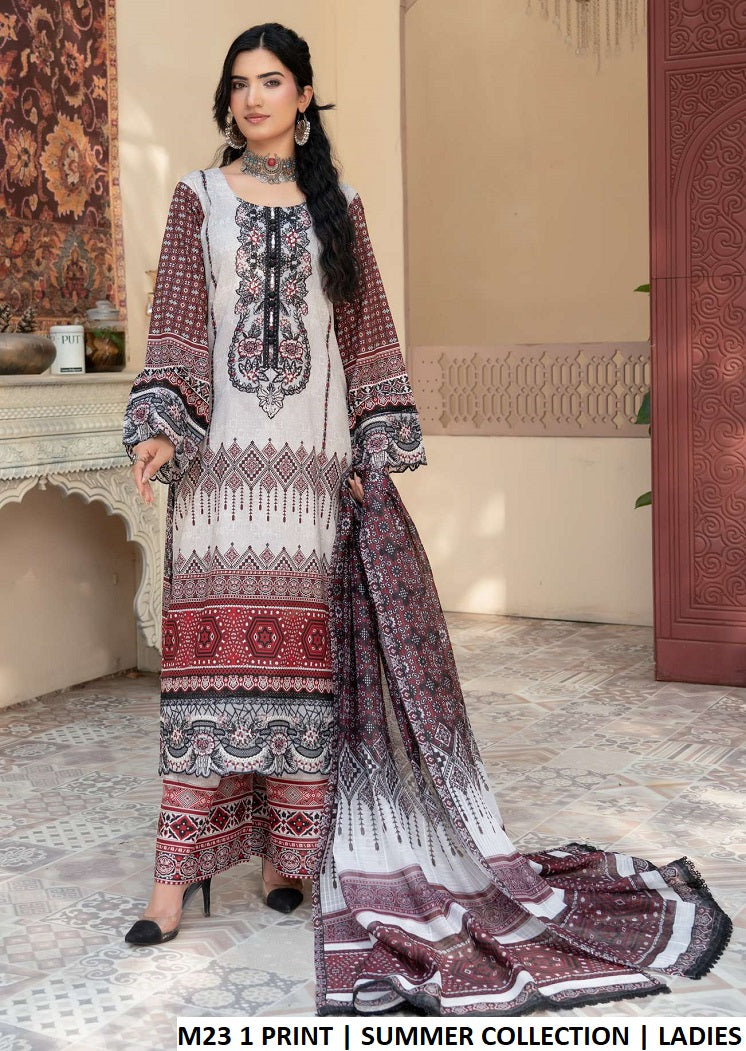 Lawn straight shirt plazo M23 1 PRINT - Pakistani women's summer casual outfit with digital printed dupatta front view