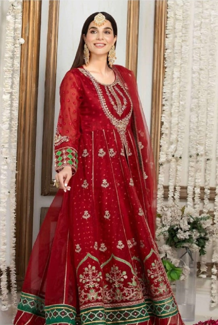 ZA 2349 Pakistani women's organza open long frock detail view