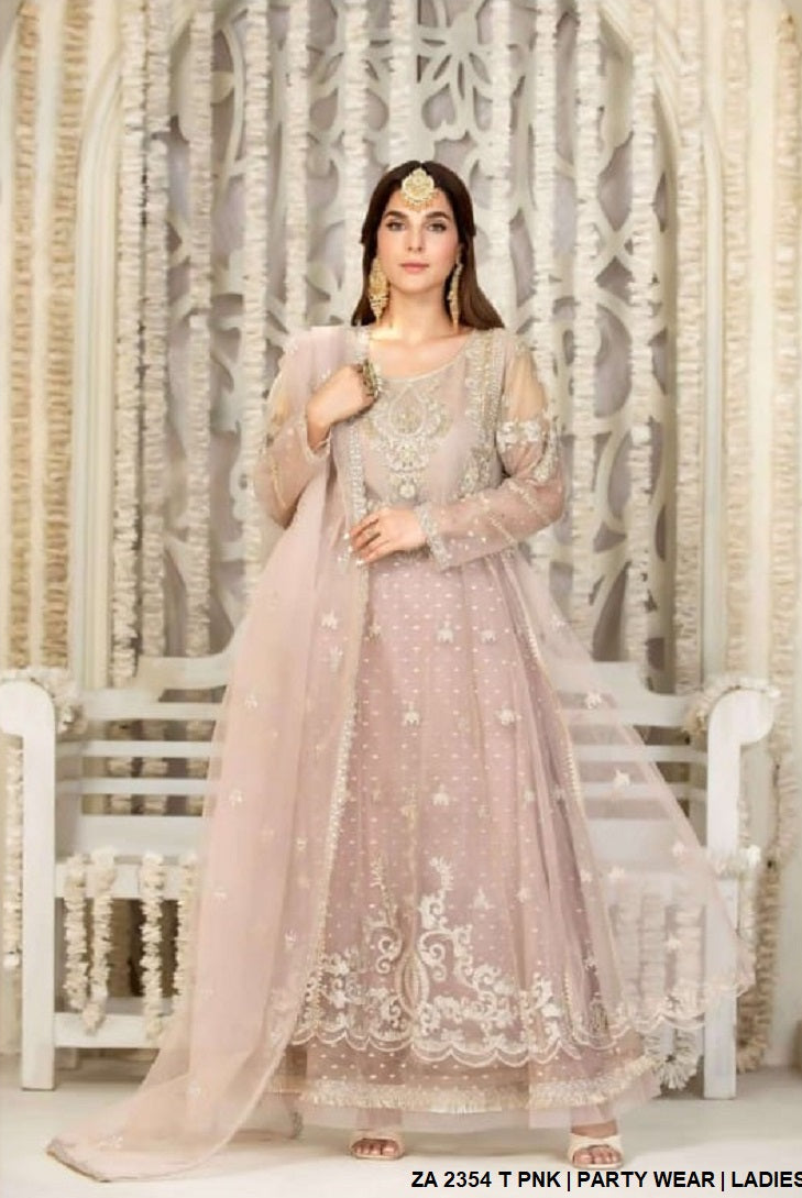 Net long frock ZA 2354 - Pakistani women's luxury formal party wear with organza dupatta front view