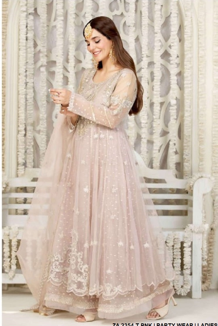 ZA 2354 Pakistani women's net long frock with organza dupatta back view