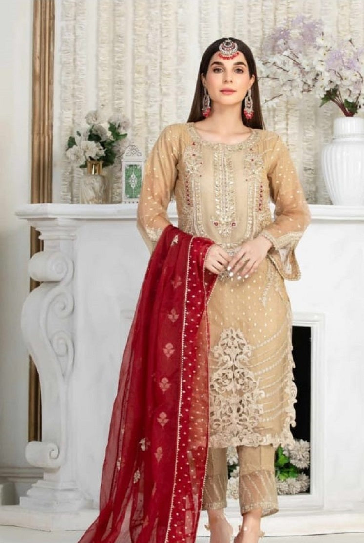 Zari organza straight shirt ZA 2352 - Pakistani women's formal wear with jamawar trouser and organza dupatta front view