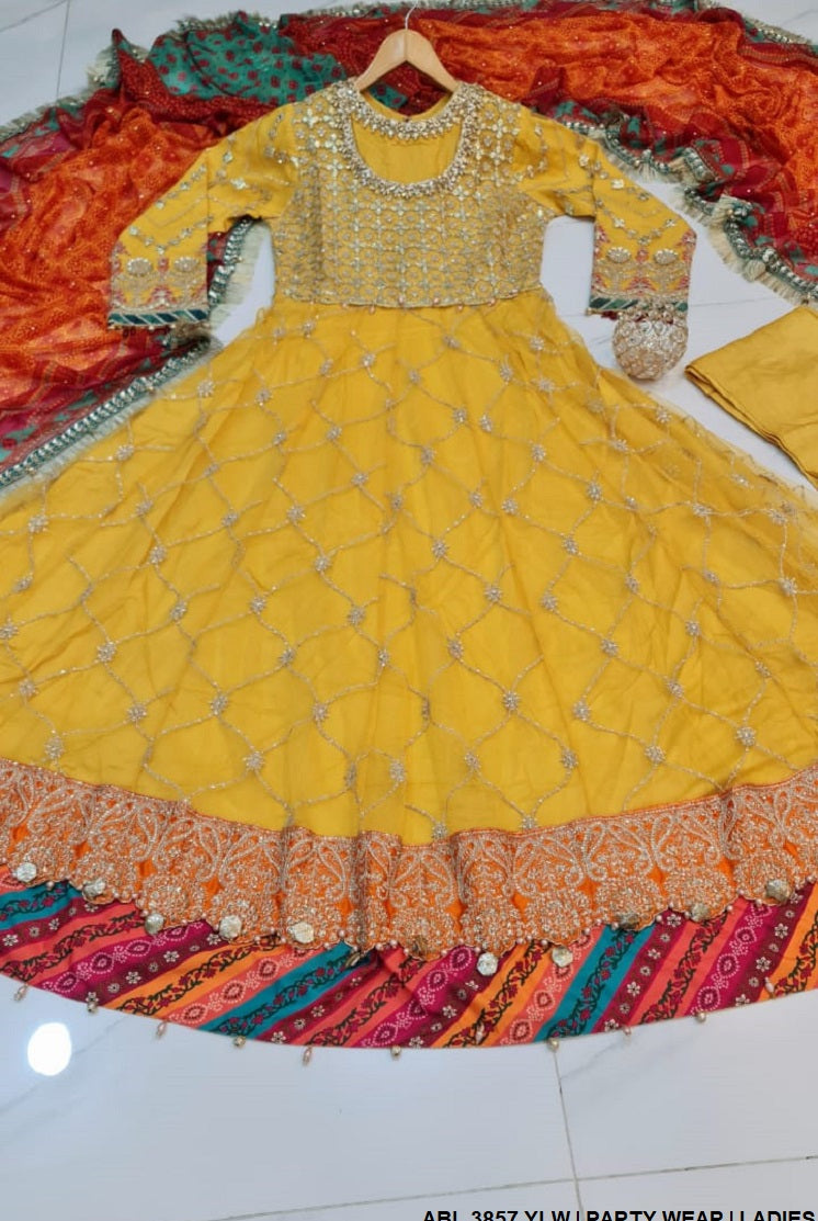 ABL 3857 Pakistani women's net long maxi detail view