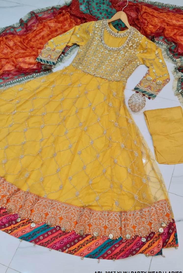 ABL 3857 Pakistani women's net long maxi formal outfit back view