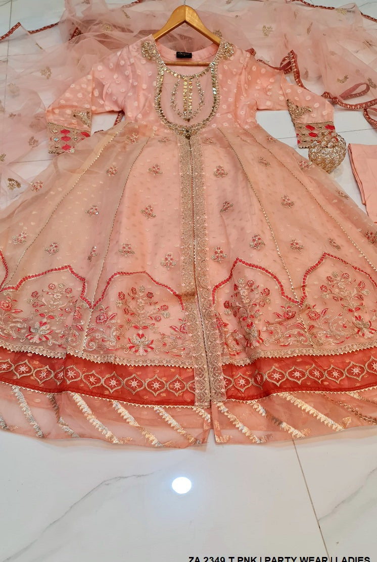 Organza open long frock ZA 2349 - Pakistani women's formal party wear with net dupatta front view