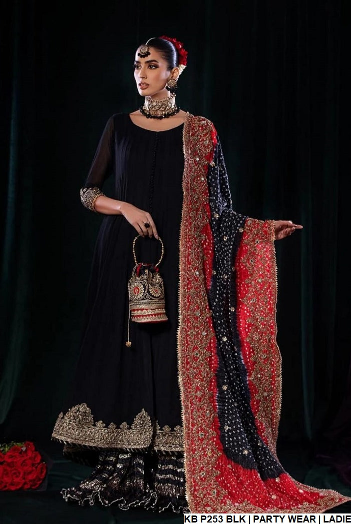 Crinkle chiffon embroidered sharara KB P253 - Pakistani women's luxury bridal party wear front view