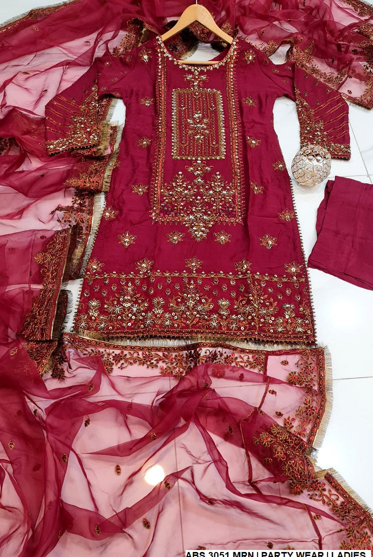 Chiffon straight shirt ABS 3051 - Pakistani women's elegant outfit with grip trouser and organza dupatta front view
