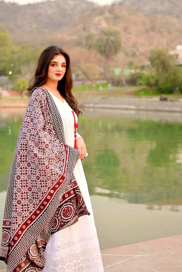 Cotton long frock SG 1423 - Pakistani women's casual elegant outfit with cotton dupatta front view