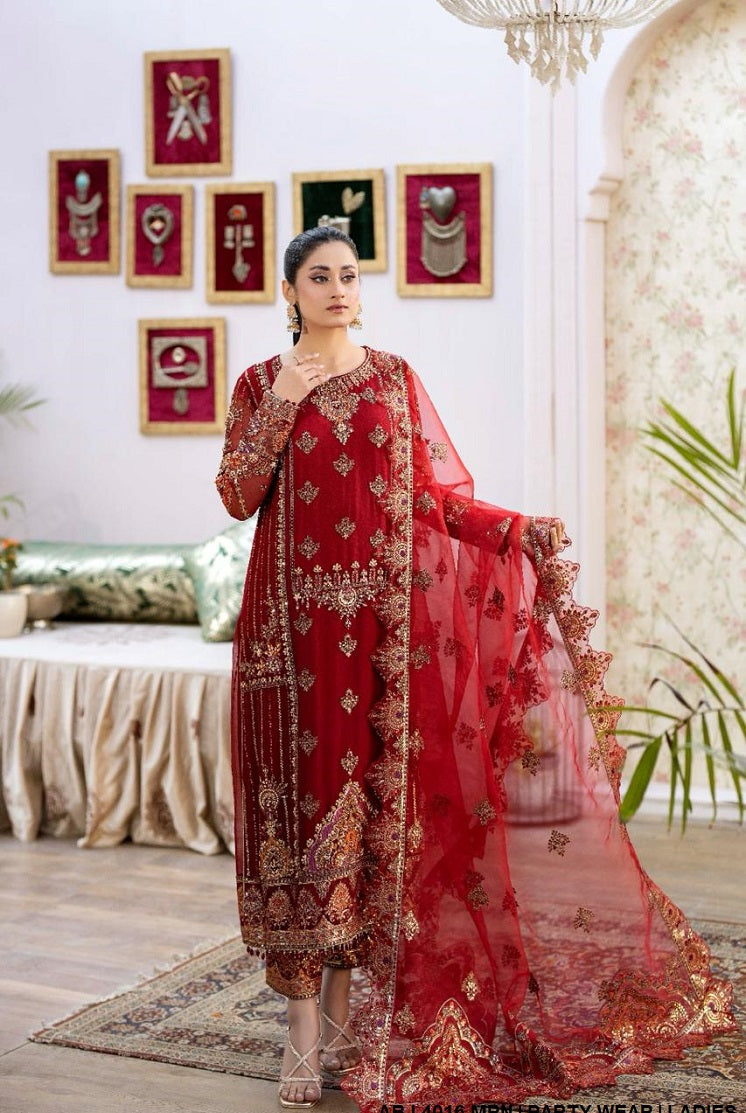 Chiffon straight shirt ABJ 4016 - Pakistani women's elegant outfit with grip trouser and organza dupatta front view