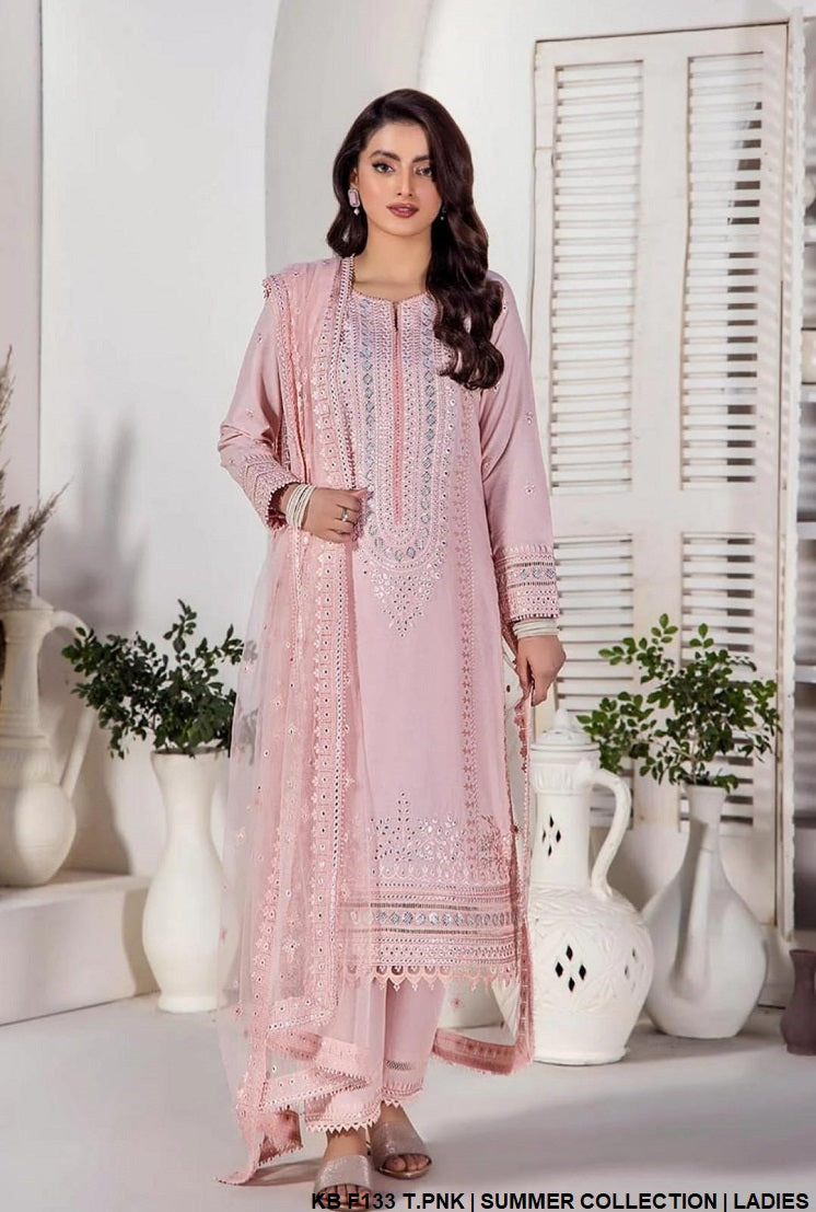 Pure cotton hand embroidered shirt KB F133 PINK - Pakistani women's casual party wear with net dupatta front view