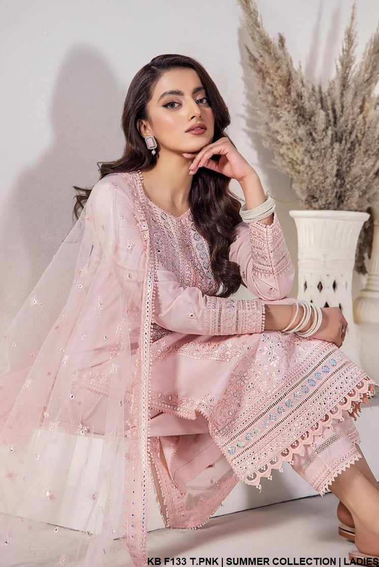 KB F133 PINK pure cotton Pakistani women's hand embroidered outfit back view