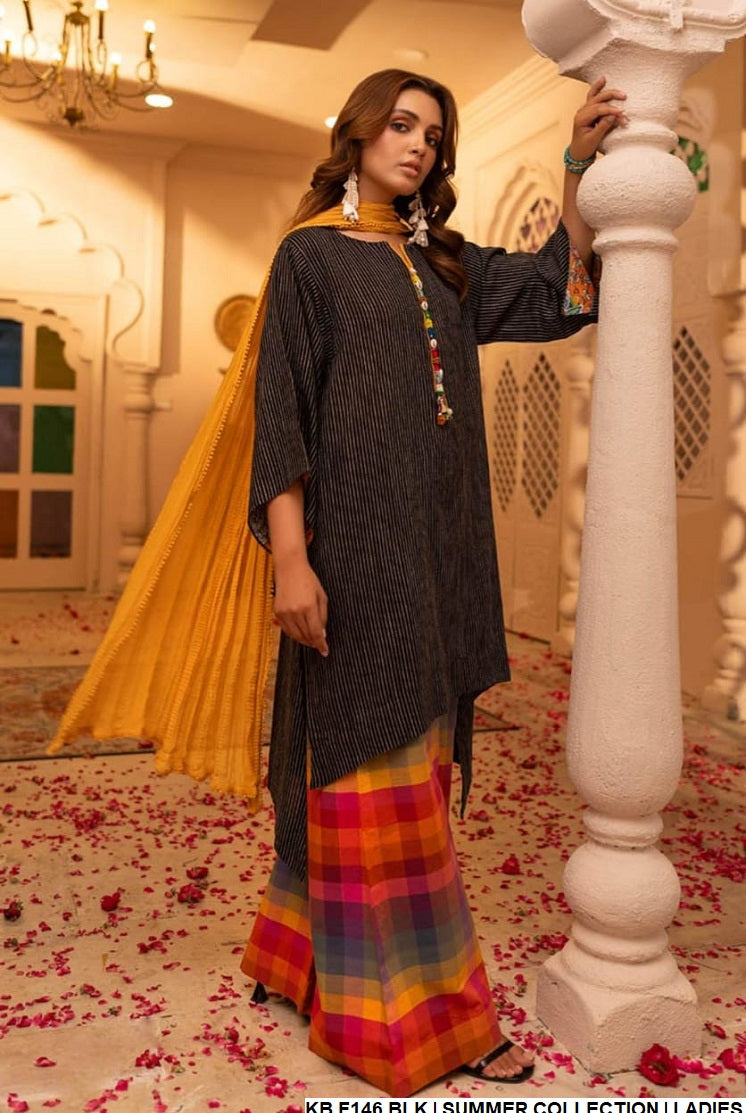 Khaadi cotton hand embroidered shirt KB F146 - Pakistani women's casual party wear with crinkle chiffon dupatta front view