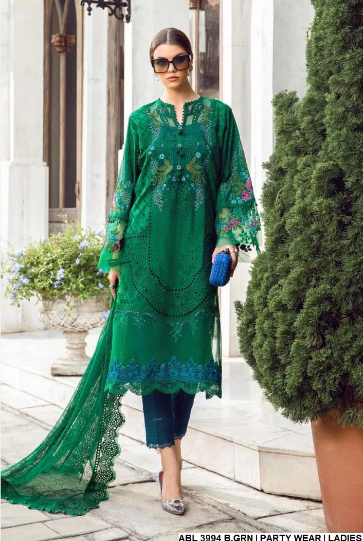 Chiffon straight shirt ABL 3994 - Pakistani women's elegant outfit with grip trouser and net dupatta front view