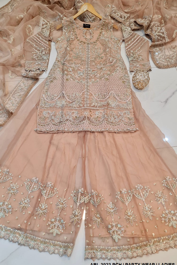 ABL 3923 organza Pakistani women's straight shirt with organza plazo side view
