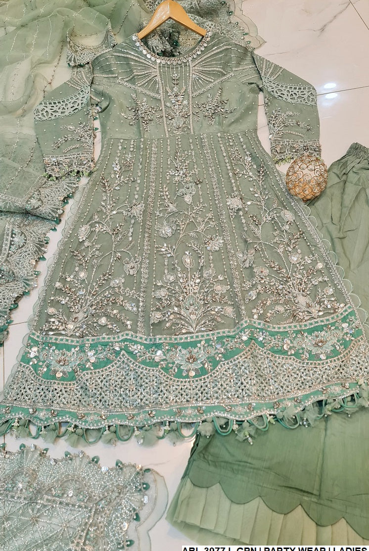 ABL 3977 Pakistani women's organza A-Line formal outfit detail view