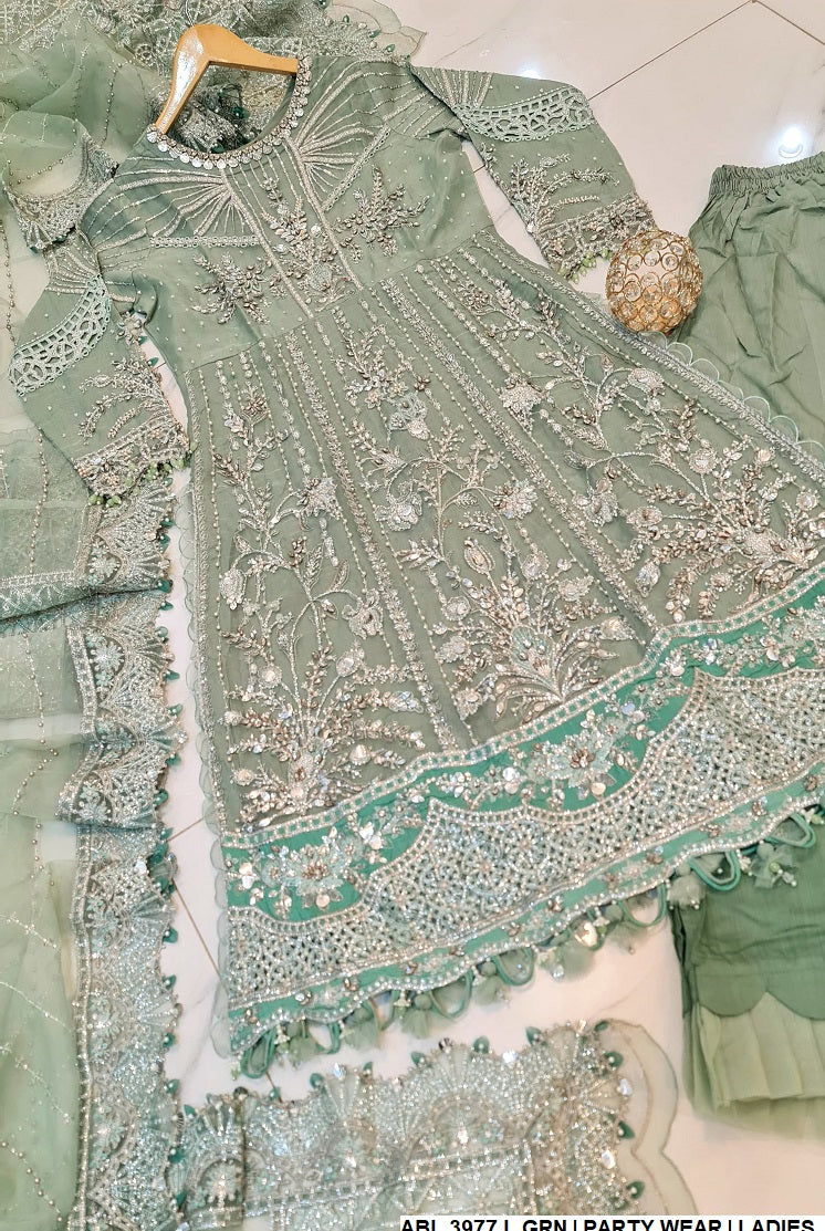 ABL 3977 Pakistani women's organza A-Line dress with organza dupatta back view
