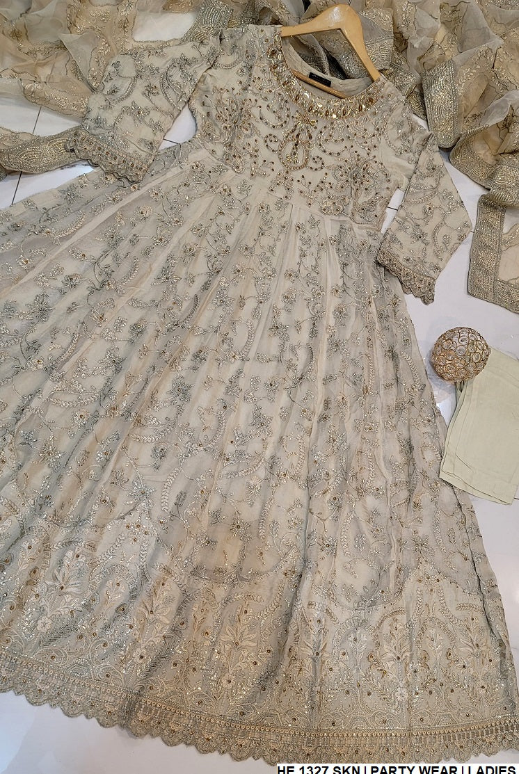 HE 1327 Pakistani women's chiffon long frock with organza dupatta back view