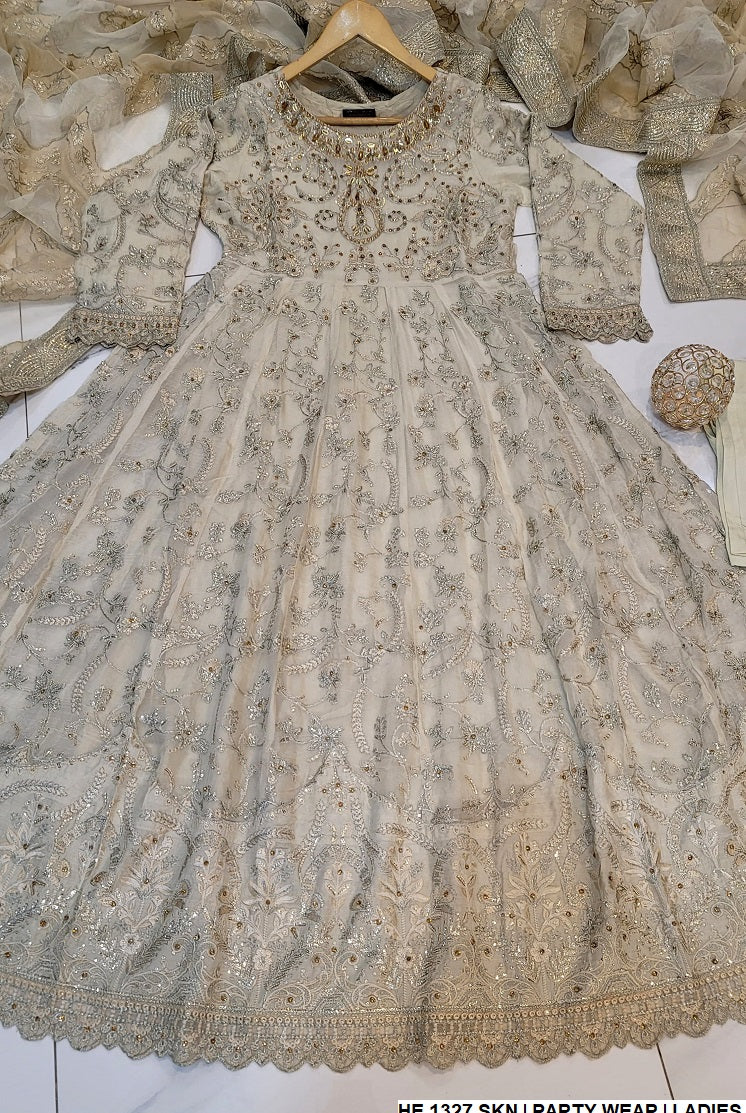 HE 1327 chiffon Pakistani women's long frock side view