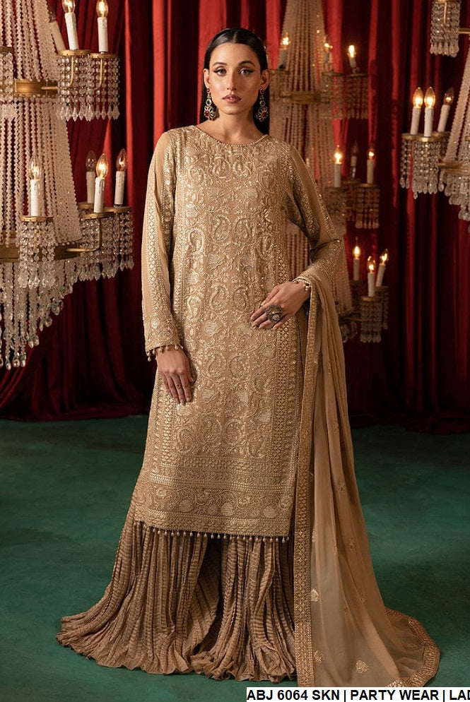 Chiffon straight shirt gharara ABJ 6064 - Pakistani women's party wear with chiffon dupatta front view