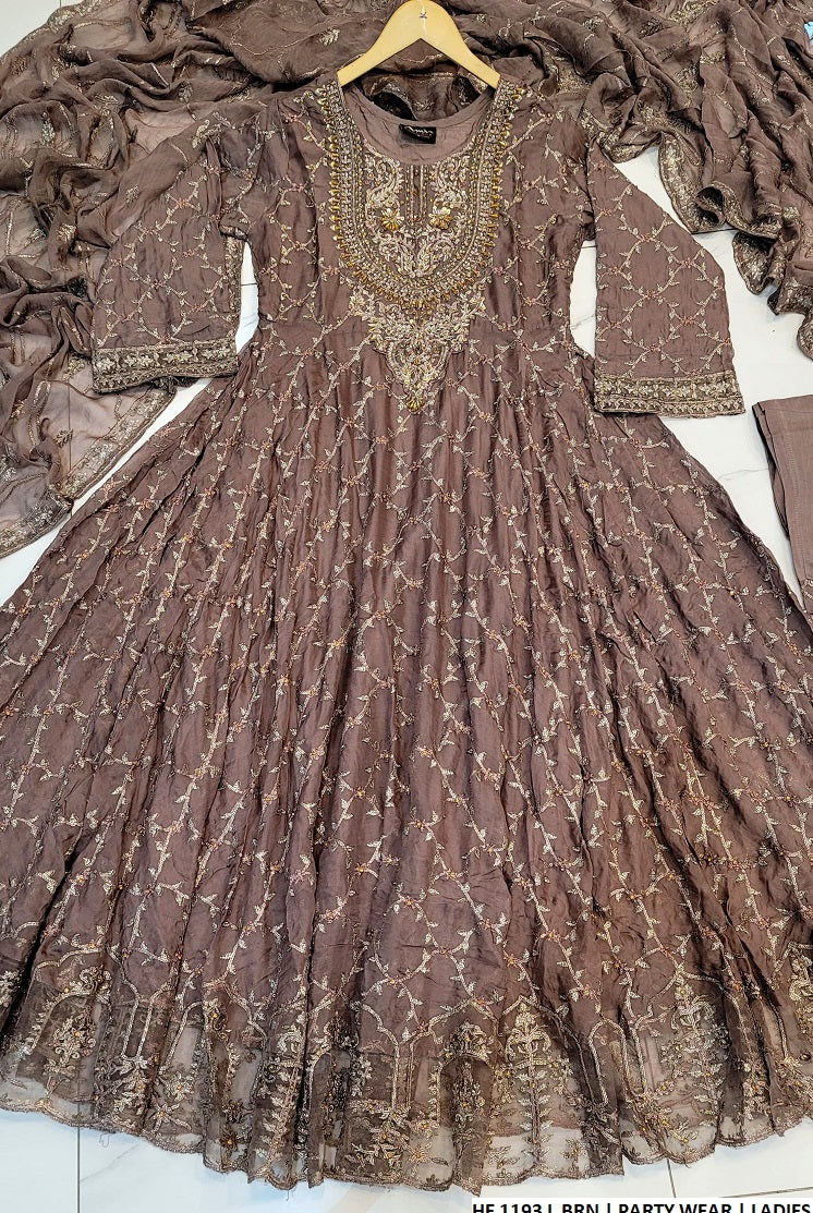 HE 1193 chiffon Pakistani women's full-flare long frock side view